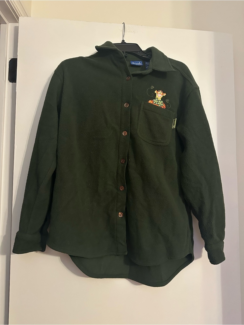 Disney Pooh Dark Green Fleece Button-Up Shirt with Embroidered Pocket vintage